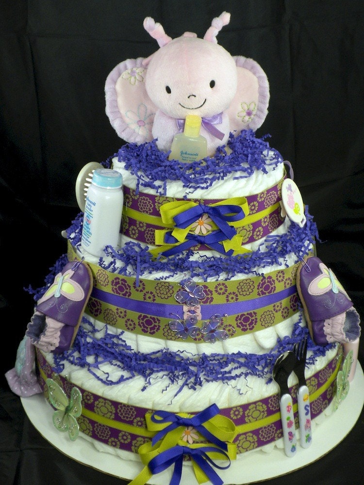 3 Tier Butterfly Diaper Cake Baby Shower Centerpiece Gift Purple and Green Luxe Loaded