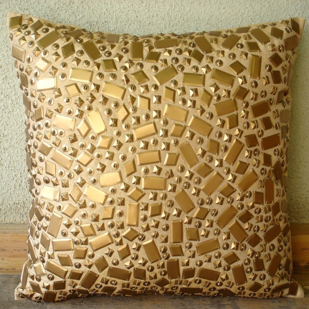 Melodrama - Throw Pillow Covers - 16x16 Inches Silk Pillow Cover with 3D Gold Sequins