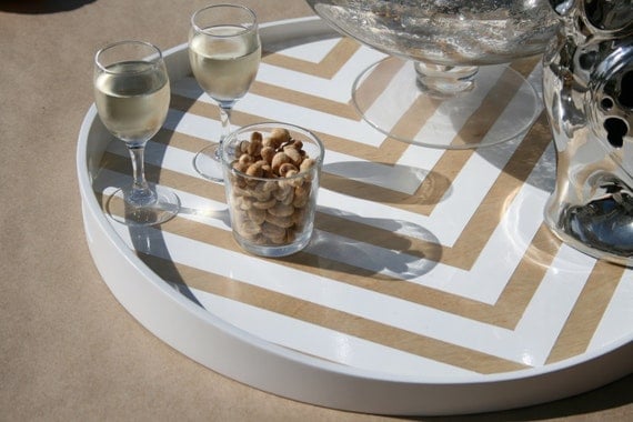 White Chevron Stripe Painted Round Wood Tray