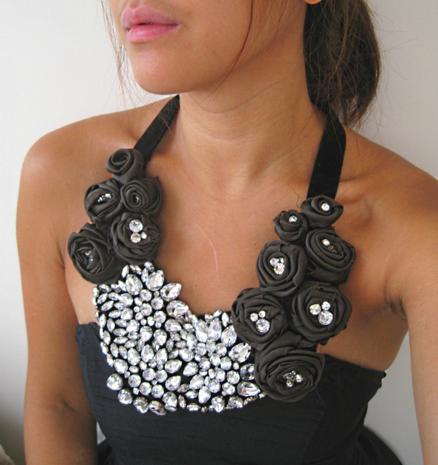 As seen on CNNGo.com - Night at the Oscars - A Crystal and Pure Silk Rosette Statement Bib Necklace