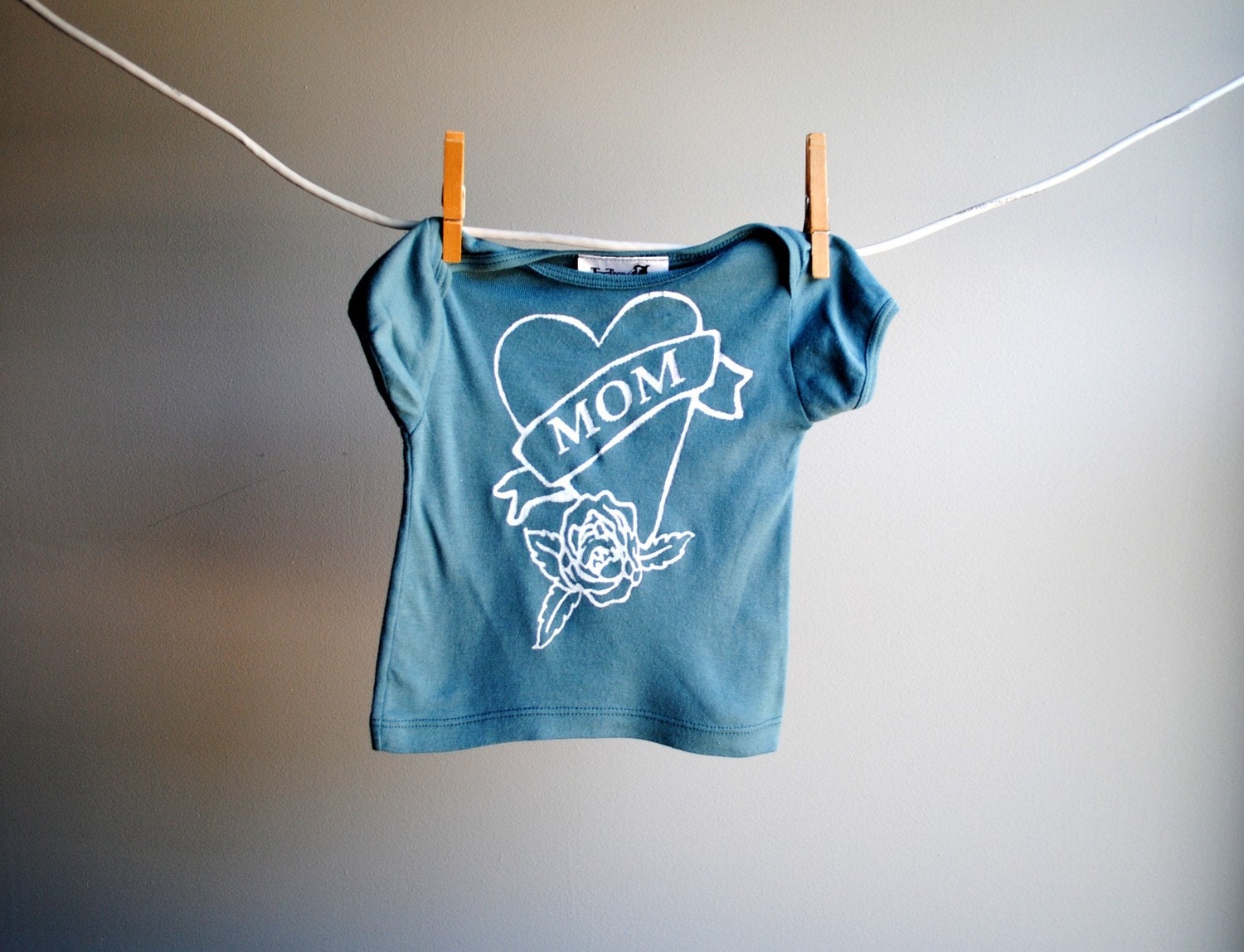 Mom Tattoo Heart Organic TShirt, Hand Dyed Slate Green and screen printed with White Ink, sized 3 to 6 month