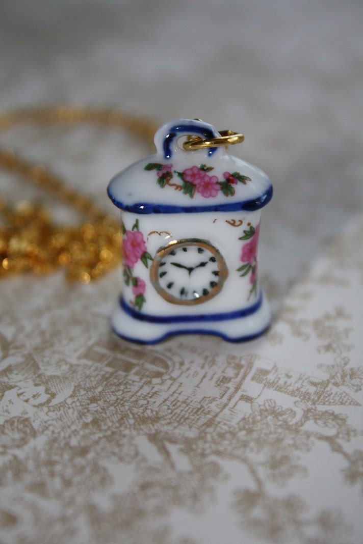Miniature Porcelain Vintage Style Clock Necklace - Pink Flowers