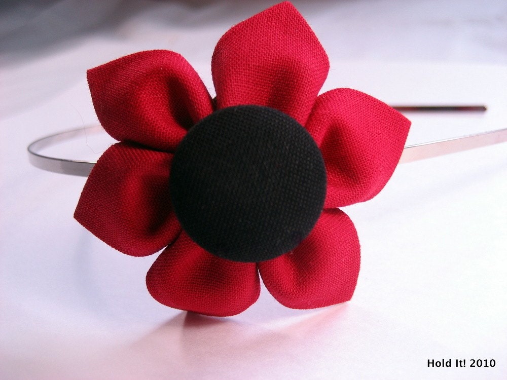 Kanzashi Fabric Flower Headband Red and Black Leaves Photo Prop