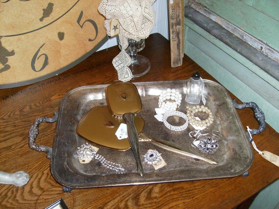 1908 Silver Serving Tray FOOTED w HANDLES ORNATE GORGEOUS HUGE FREE SHIPPING
