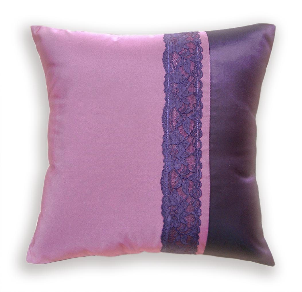 Decorative Throw Pillow Case 16 inch Taffeta and Lace Cushion Cover in Orchid and Eggplant SELINE DESIGN