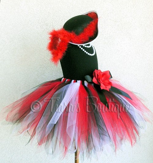 Red Black White Custom Pirate Pixie Tutu - Sewn 14.5'' pixie tutu - Features Skull and Crossbones Adorned Rose Clip - Perfect for Birthday Parties, Halloween Costumes, and Dress Up Fun