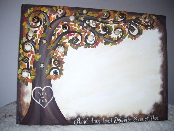 WEDDING GUEST BOOK ALTERNATIVE....FALL TREE SIGNATURE CANVAS...VINTAGE STYLE BUTTONS...PERSONALIZED WEDDING TREE..