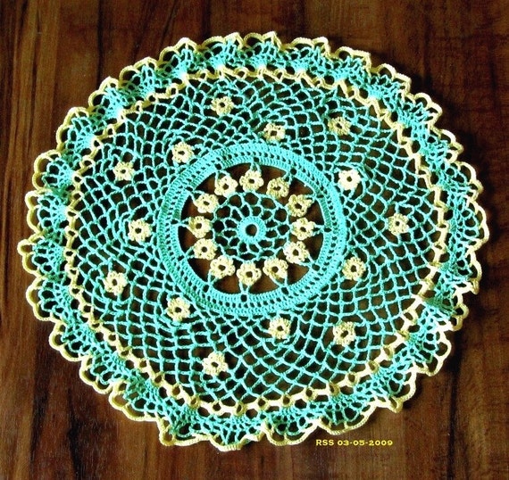 YELLOW Flowers in GREEN Lace Doily, Crochet Thread Art, Spring Home Decor