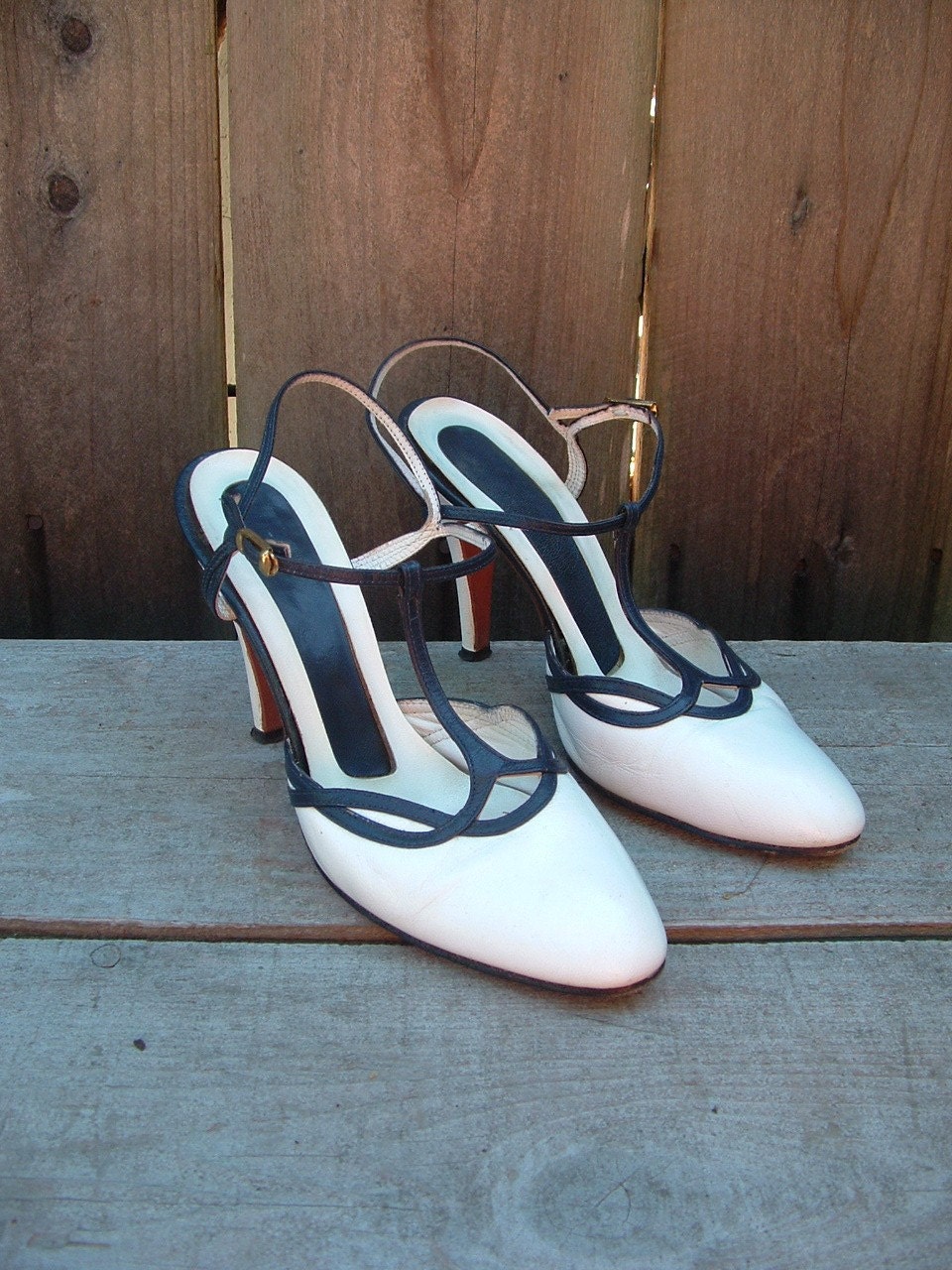 SALE 40s White and Navy Leather T-Strap Heels