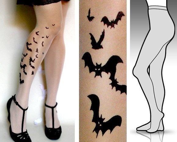SMALL/MEDIUM sexy BATS tattoo tights / stockings/ full length / pantyhose / nylons ULTRA PALE
