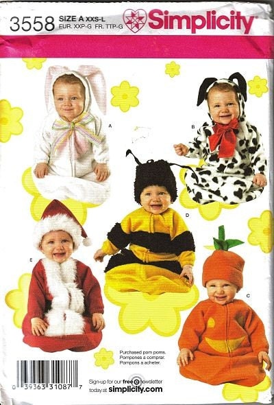 Simplicity Patterns Costumes on Simplicity 3558 Sewing Pattern Baby Costume Bumble Bee Santa Pumpkin