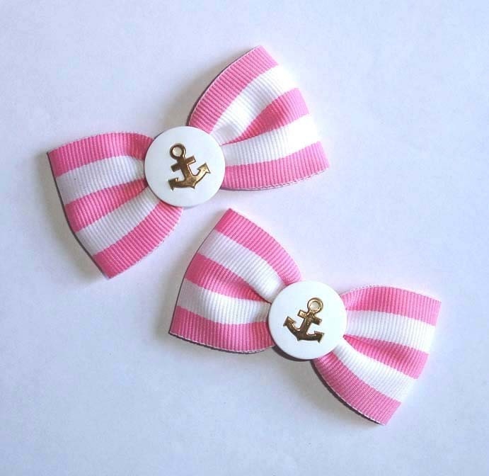 Pink candy stripe hair bows with anchors