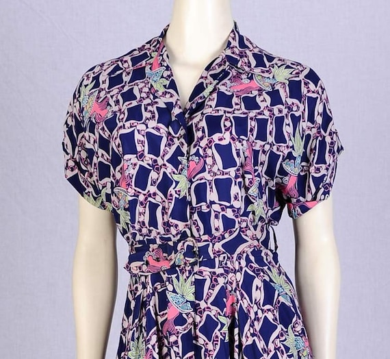 1940s Navy Rayon Novelty Print Swing Dress M Vintage