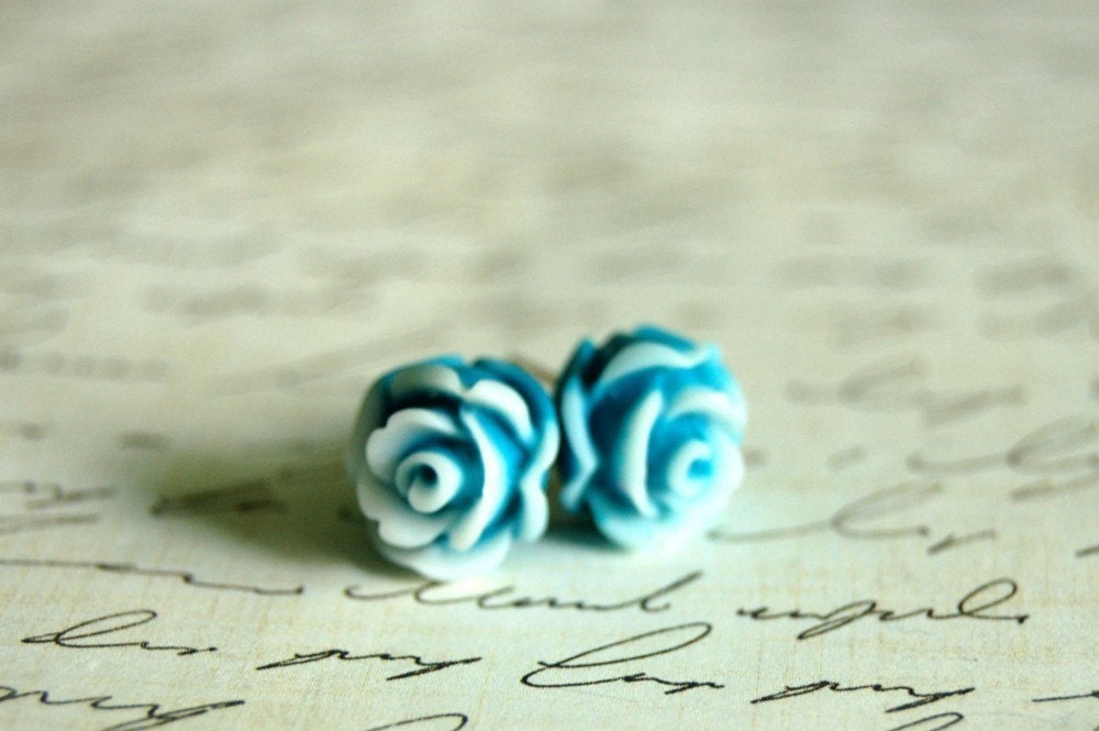 Teal and White Rose Earrings