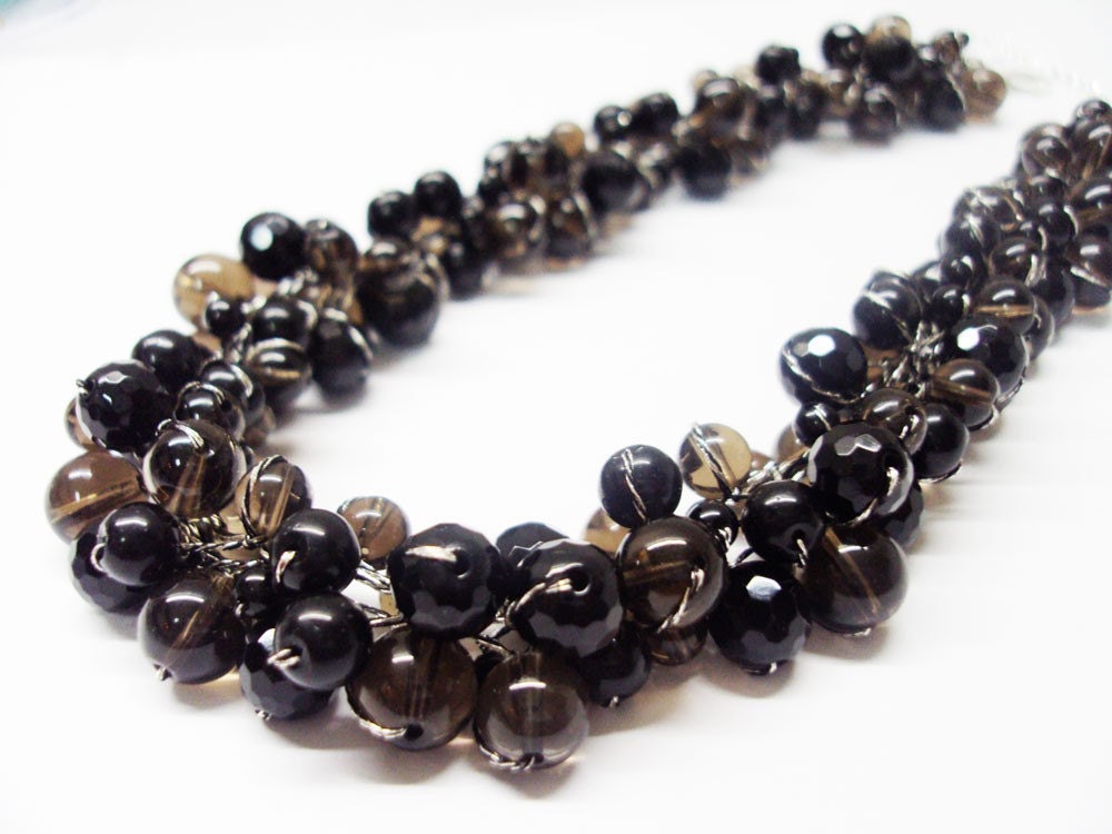 Smoky Quartz and Black Onyx Necklace With Silk Thread