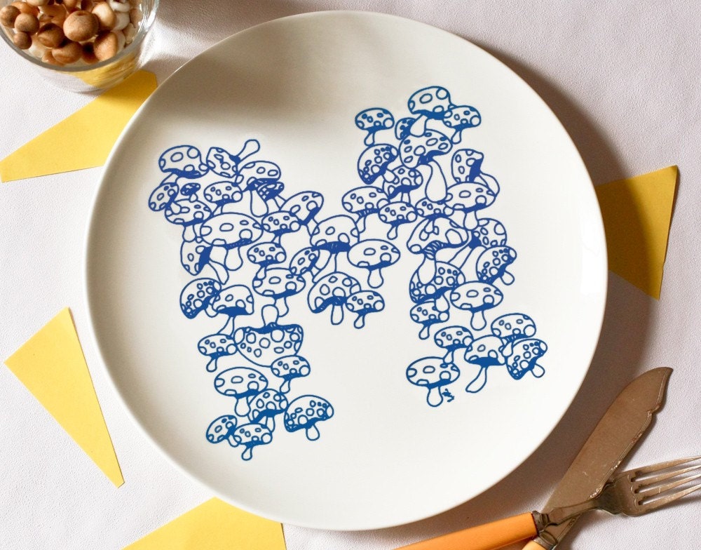 M for Mushroom - Alphabet Ceramic Plate (Blue)