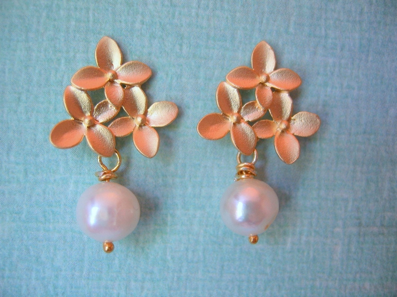Three Flowers and Pearl Post Earrings
