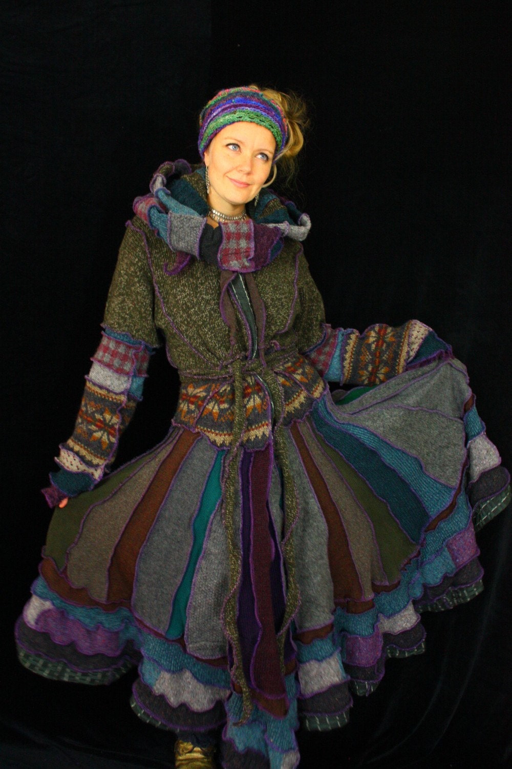RESERVED FOR ABBY FREESPIRIT - ELF COAT - Long Recycled Sweater Coat -crazyquilt gypsy traveller festival pixie cloak -  upcycled Cadigan jumper