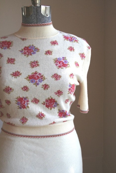 Vintage Cream Floral Sweater Dress Sz L