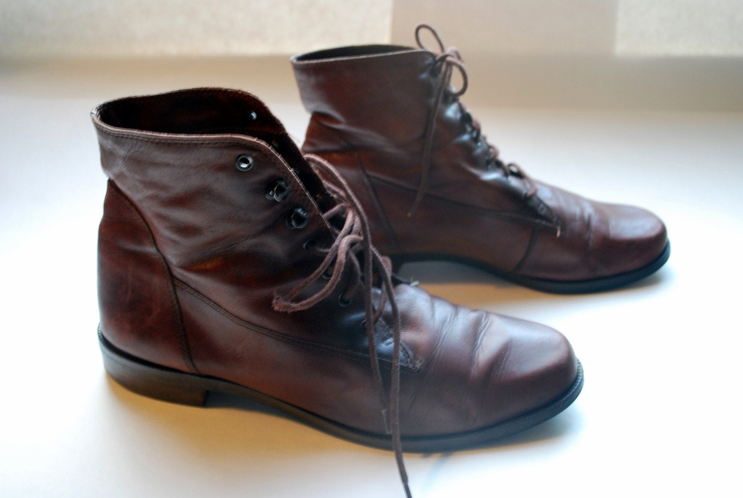 Simple and Supple brown leather granny boots .vintage lace up shoes by Nine West in 8 1/2 it seems