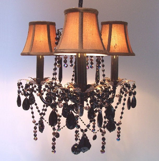 Custom Jeweled Jet Black and Copper Crystal Chandelier