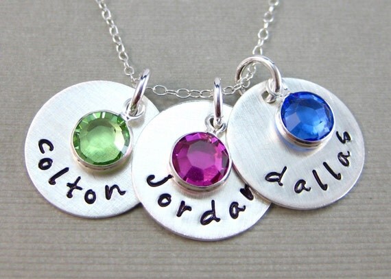 THREE NAME Charm Handstamped Personalized Sterling Silver Keepsake Necklace with a Birthstone