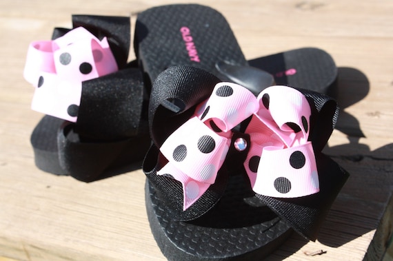 Black Pink and White Polka Dot Ribbon Flip Flop Sandals--TODDLER SIZE 12/13. From missprissbowtique1