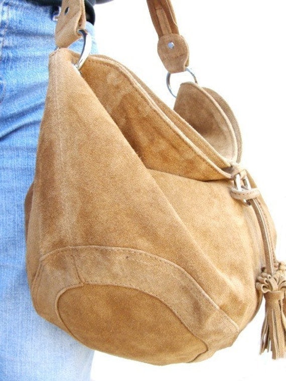 Fanny - Suede Leather Hobo Shoulder Bag  in Camel