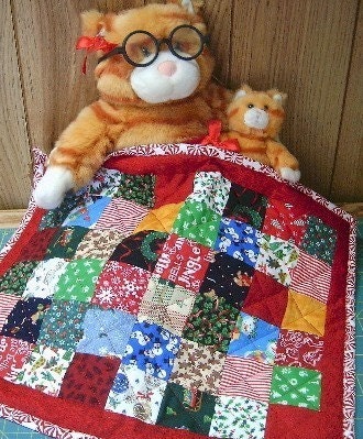 Christmas DOLL QUILT - Tiny Mini Patchwork Quilt - Christmas Fabrics - Christmas Table Topper Quilt