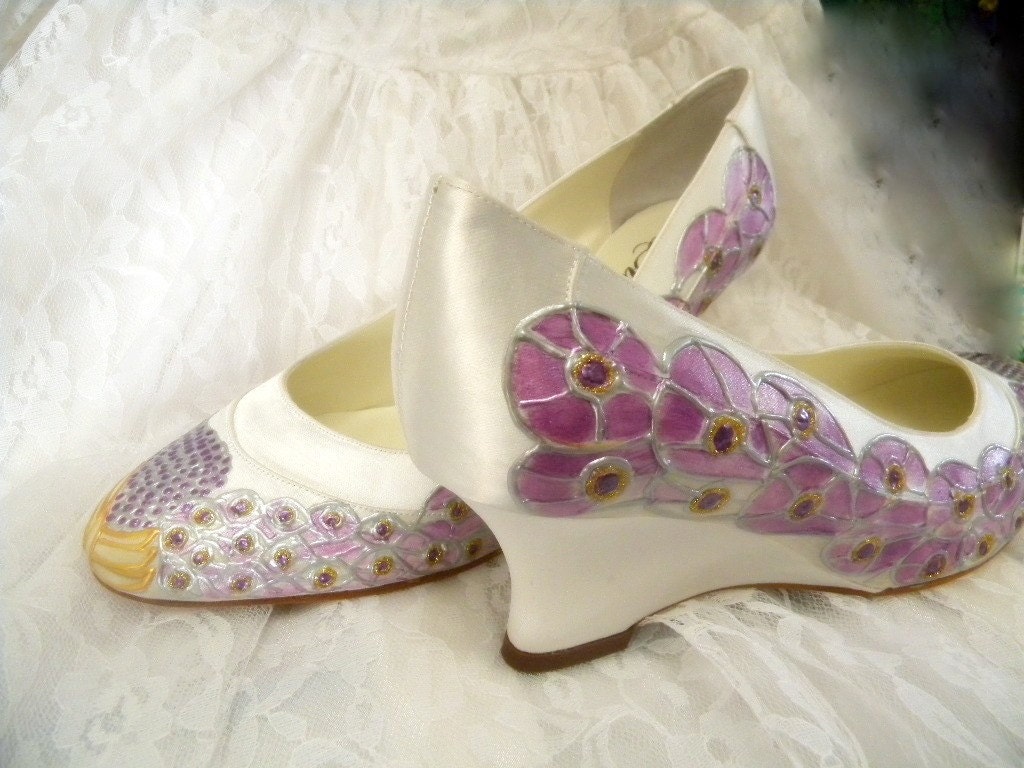 Shoes Bridal Wedding Event Party painted Peacock Feathers satin wedge, PURPLE JEWEL Size 10