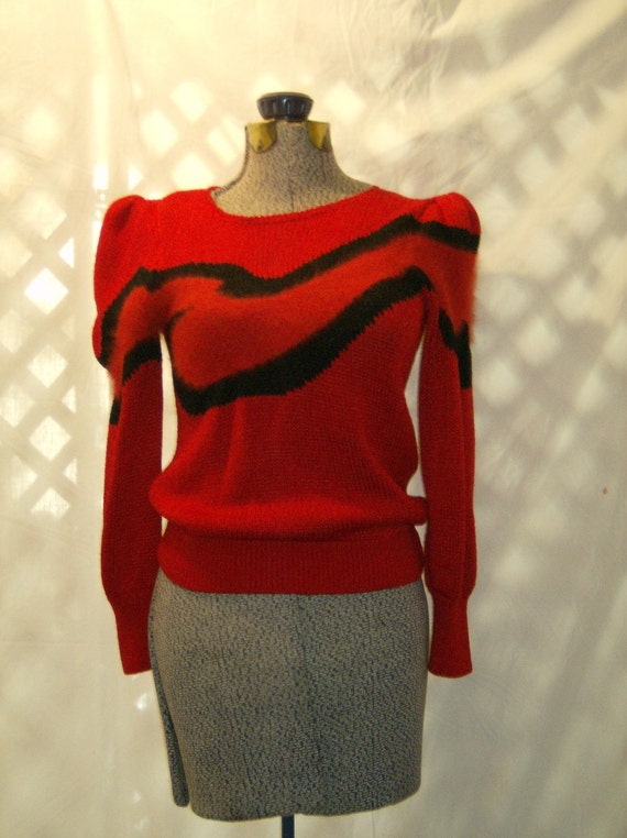 Siren Red Black Angora Knit Sweater Puff Sleeves size small to medium