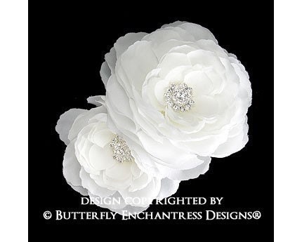 2 Rhinestone Diamond White English Rose Flower Hair Clips