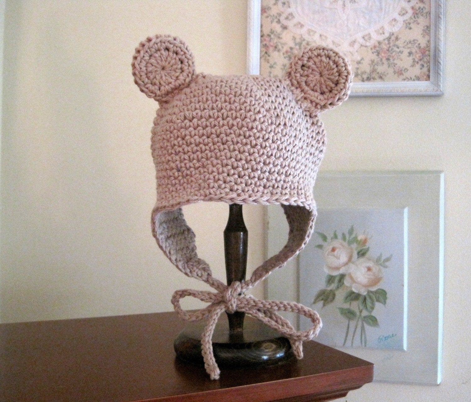 Ear Flap Bear Beanie- Bear Hat- Baby Hat- Animal Hat- Photo Prop- Beige