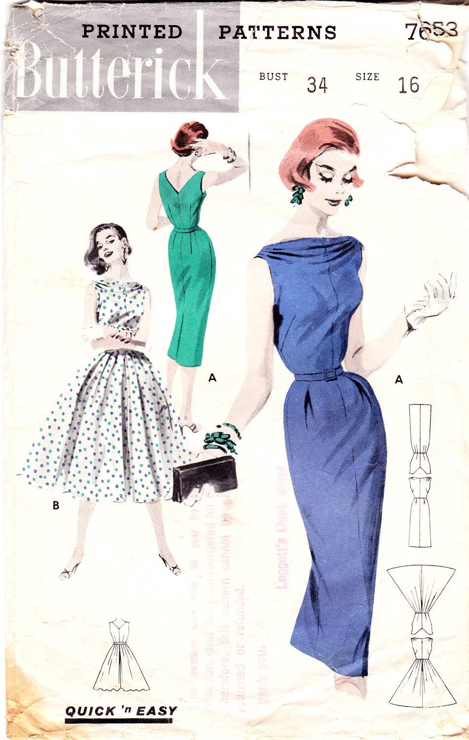 1950s Dress Bateau Neckline  by Butterick (Pattern 7653)