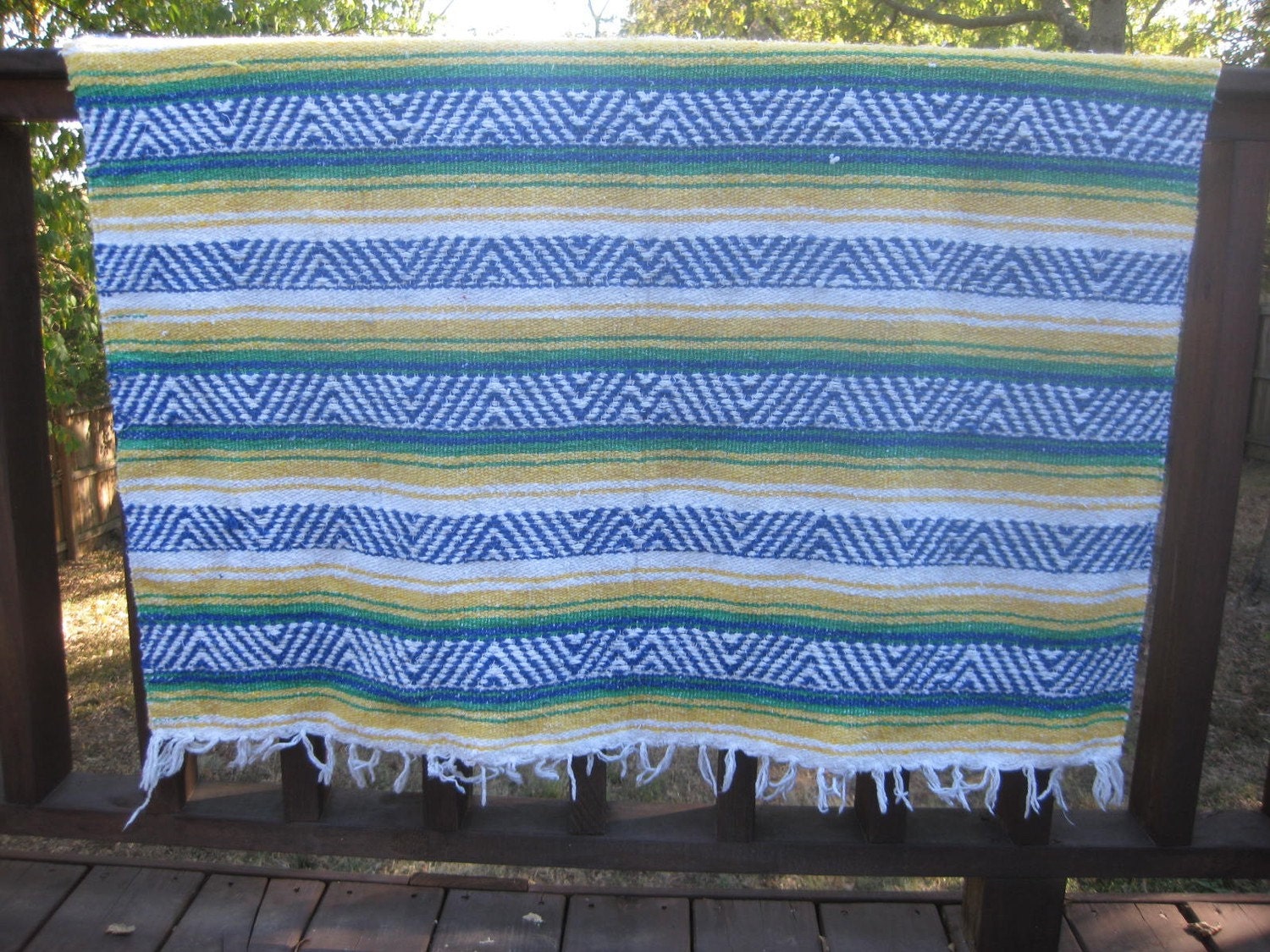 vintage blue and yellow mexican blanket