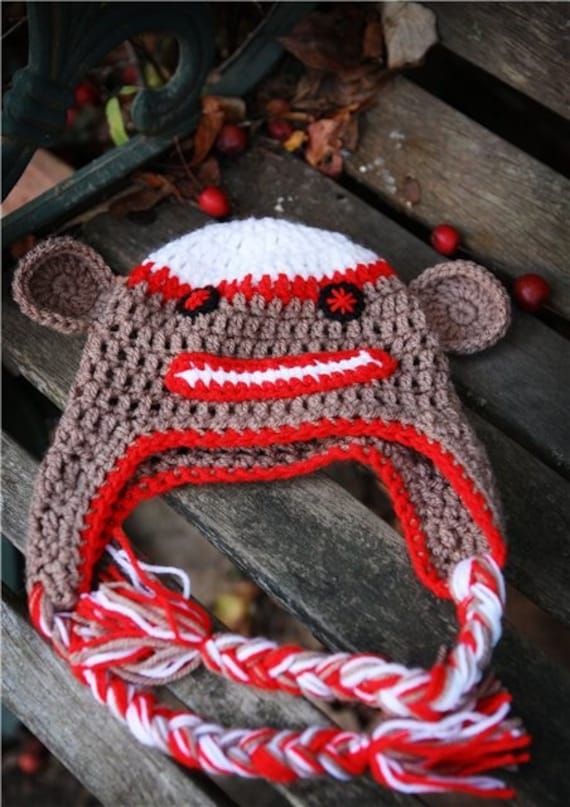 Crochet Brown and Red Sock  Monkey earflap beanie hat