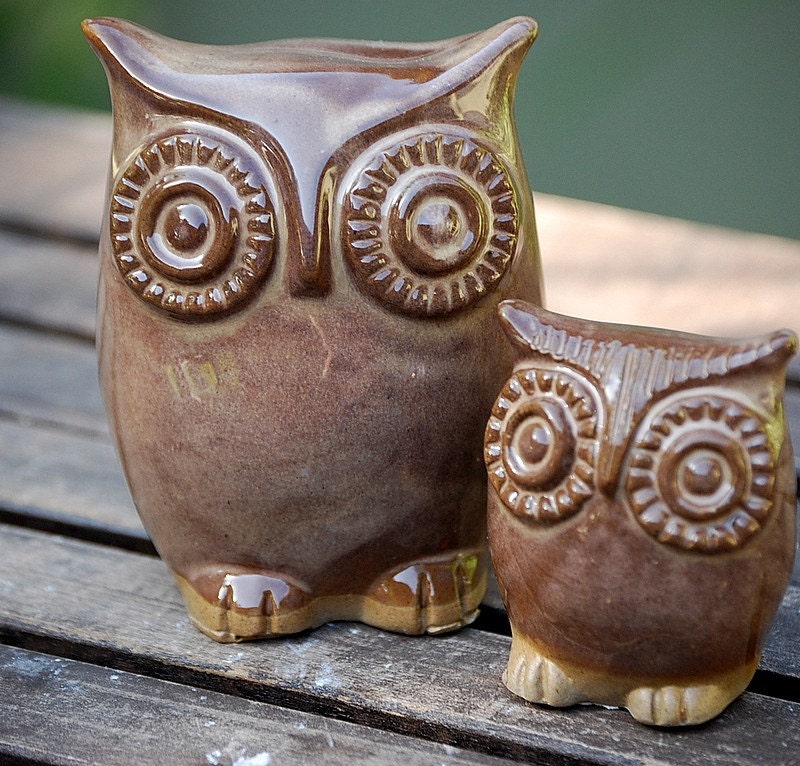 handmade ceramic owl And owlet figurines - mom and child in sandy brown fast shipping