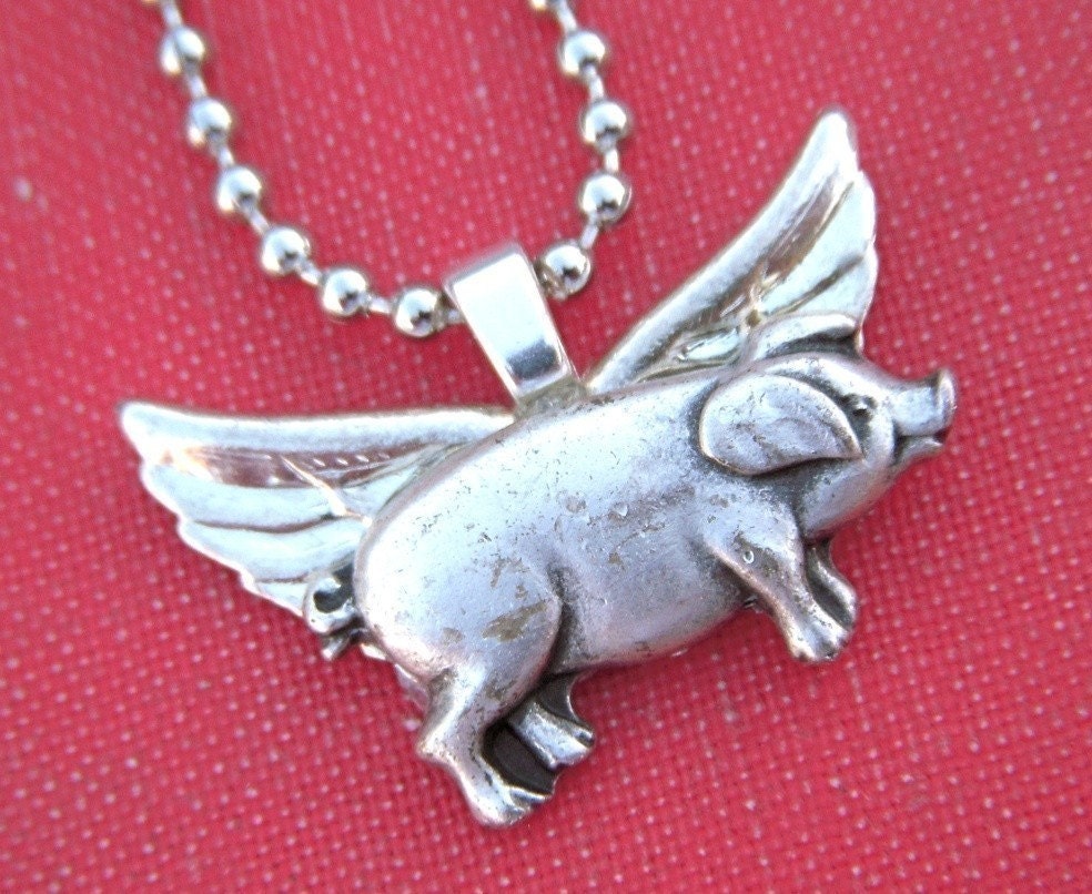 FLYING PIG PENDANT NECKLACE - Silver Plated Wings - FREE Silver Plated 24 Inch Long Chain