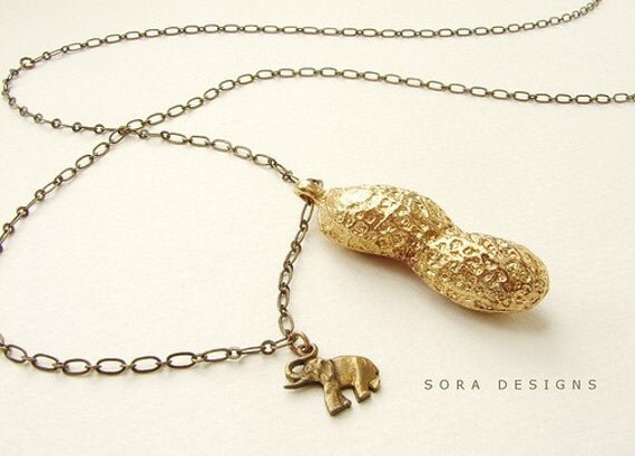 Circus Peanut - life size peanut necklace in bronze and elephant charm- a great gift (Free Shipping)