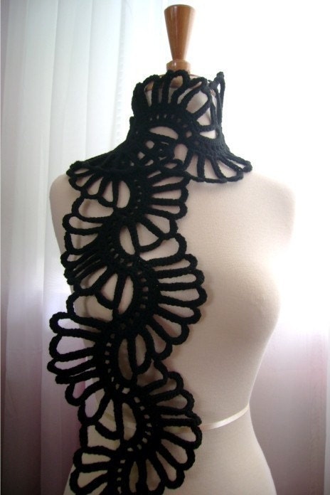 Crochet black lace scarf  scarflette floral spring valentine for her
