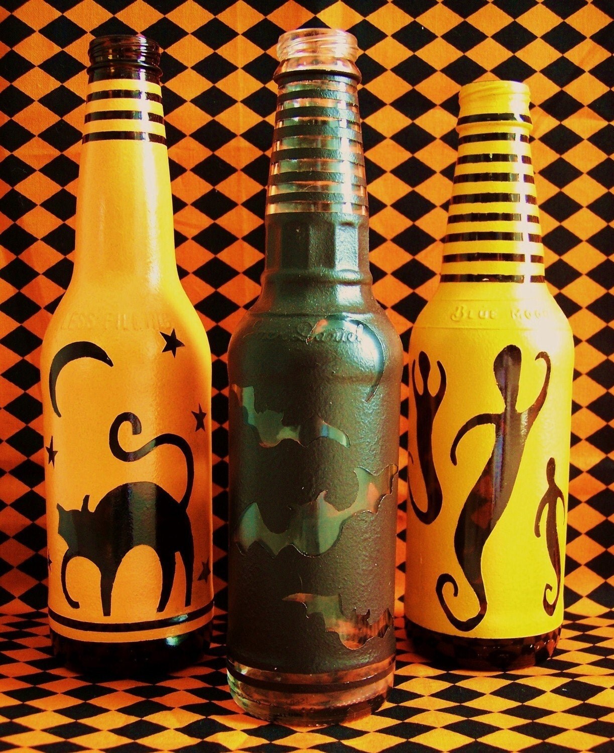 Set of 3 Primitive Halloween Upcycled Bottles Cats Ghost Bats