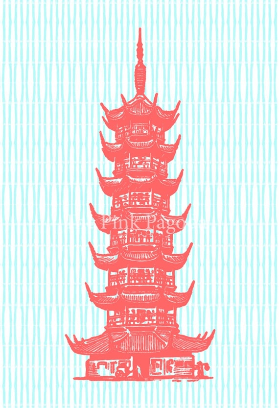 Coral Pagoda on Turquoise Fine Art Giclee 11x14