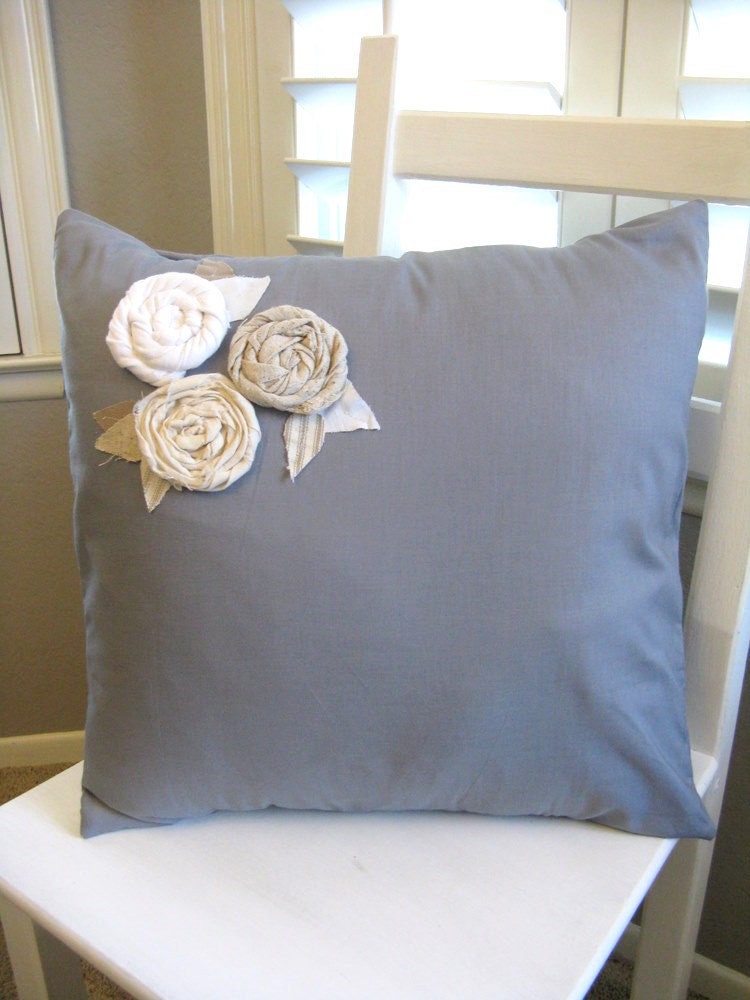 The Katarina - Blue Grey Pillow Cover with Upcycled White, Oatmeal, Cream Rosettes