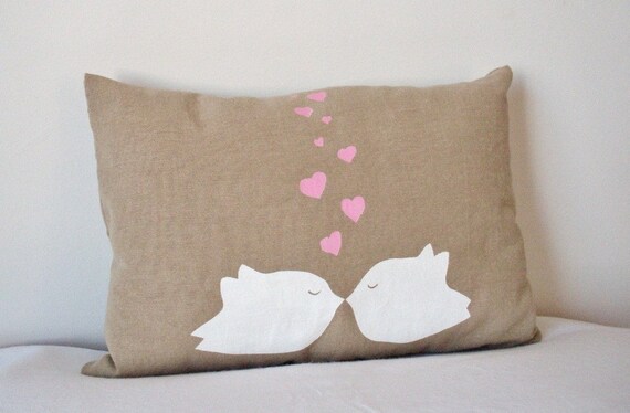 Love Birds Pillow in White and Pink 13X9