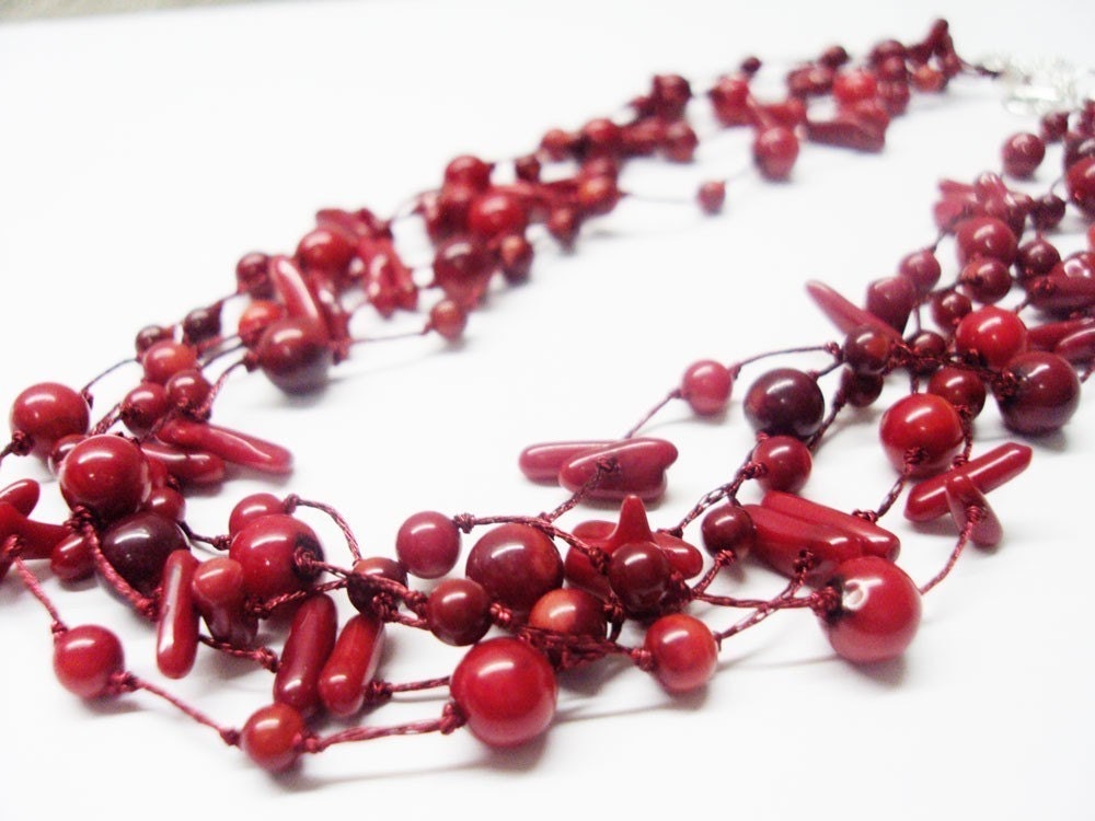 5 Strands Red Coral Necklace With Red Silk Thread