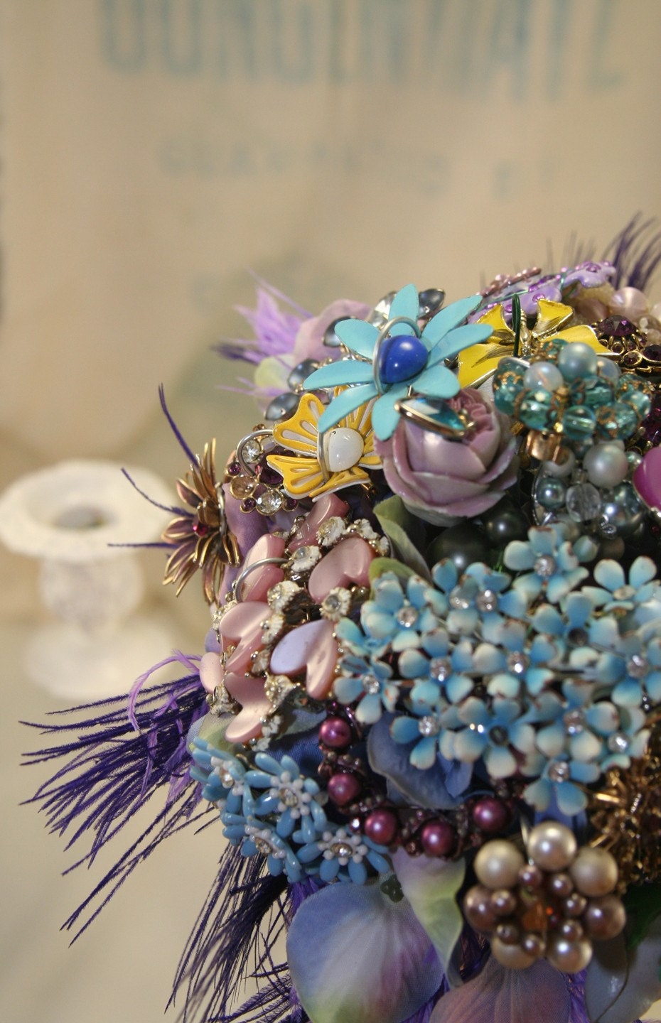 Vintage Brooch Bouquet with Feathers - Made to Order