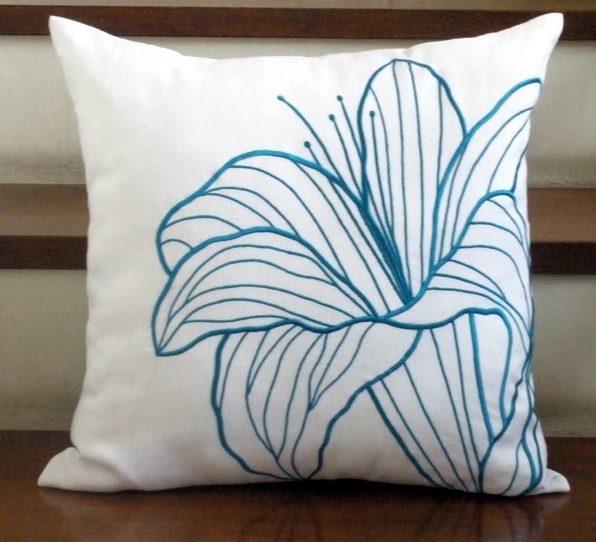 Deep Turquoise Lily - Throw Pillow Cover - 18" x 18" White Linen Pillow Cover with Floral Embroidery