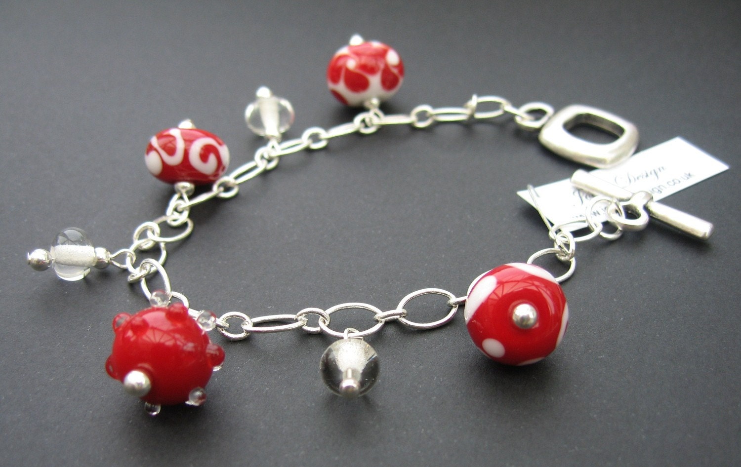 Red and White Lampwork Glass Charm Bracelet