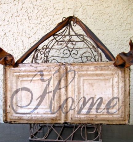 HOME Sign made with Antique Ceiling Tin Tile / Architectural Salvage Home Decor