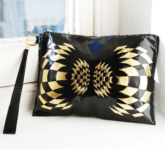 Glossy patent Black/gold leather clutch